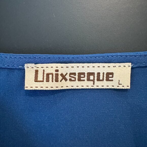 Unixseque Blue Satin Blouse with 3/4 Puff Sleeves Size L - Picture 2 of 7